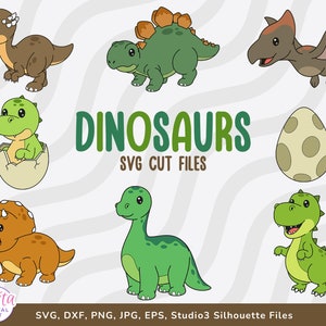 Cute Dinosaur SVG Bundle - Cricut, Silhouette Cut Files - Dinosaur Clipart Set - PNG, DXF - Cute Kawaii Dino Svg File, T Rex, Triceratops