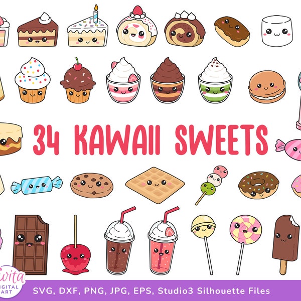 Kawaii Sweets SVG Bundle Cute Candy Clipart, Gumball Machine, Cookie Ice Cream, Waffle, Cake, Donut, Cupcake, Muffin, Sweet Vector Graphics