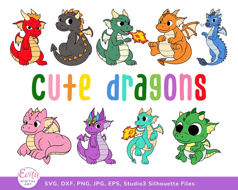 Cute Dragons SVG Bundle - Cricut, Silhouette Cut Files - Dragon Clipart ...