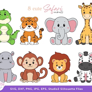 Animaux de safari en couches SVG Clipart Set - animaux de la jungle africaine coupe fichiers Cricut, Silhouette - girafe, singe, Lion, tigre, hippopotame, zèbre