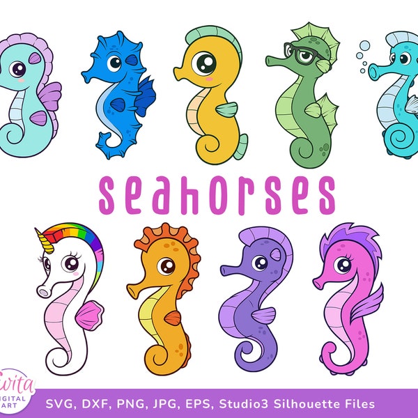 Cute Seahorses SVG Bundle - Cricut, Silhouette Cut Files - Seahorse Clipart Set - PNG, DXF - Cute Kawaii Svg Files - Unicorn Seahorse