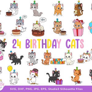Geburtstag Katzen Clipart SVG Bundle - Silhouette, Cricut - Süße Katze Party Clip Art, Kawaii Kätzchen Vektor-Grafiken, Symbole, bedruckbare Aufkleber