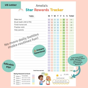 Könnte beinhalten: Ein druckbarer Star-Rewards-Tracker im US-Letter-Format mit dem Titel "Amelia's Star Rewards Tracker". Der Tracker enthält Aufgaben, eine wöchentliche und Gesamtsternanzahl sowie Belohnungsfreischaltungen. Das Design ist farbenfroh mit dem Text "No more daily battles make routines fun!"