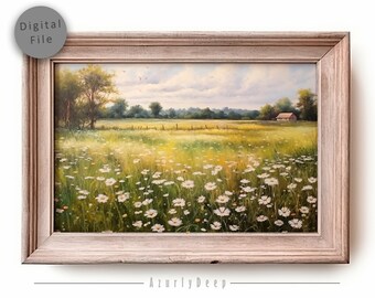 Oil Painting Spring Meadow Painting | Vintage Landscape Wall Art | Printable Wildflower Field Landscape Oil Painting
