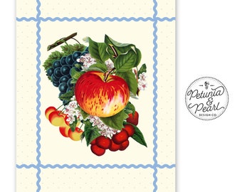 RicRac and Mixed Fruit Wall Art · Kitschy Kitchen Art · Inspired by Vintage Linen Designs · Graphic Fruit Print Decor · Nostalgic Farmhouse