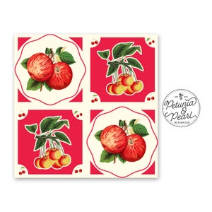 Kitschy Red Square Wall Art · Vintage Apple & Cherry Kitchen Decor · Retro Nostalgic Print · Inspired by Vintage Tablecloths · 1950s Style