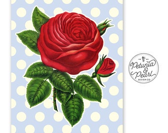 Art mural rose rouge et pois · Imprimé floral botanique de style vintage · Esthétique de maison de campagne fantaisiste · Cabane ou décoration d'intérieur · Plusieurs tailles