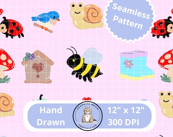 Bugs Bees Birds V2 Seamless Pattern, Hand Drawn Design, Repeat Pattern, Sublimation Design