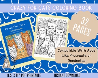 Crazy for Cats Coloring Book | 32 Printable Pages (PDF Download)