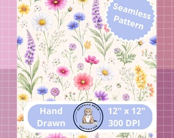 Wildflower Squares Seamless Pattern, Hand Drawn Design, Repeat Pattern, Sublimation Design