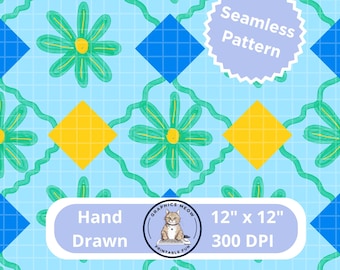 Green Daisy Squares Seamless Pattern, Hand Drawn Design, Repeat Pattern, Sublimation Design