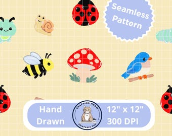 Bugs Bees Birds Hand Drawn Seamless Pattern (Digital Download)