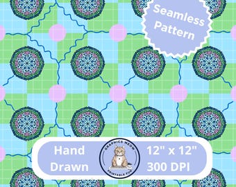 Blue Green Retro Seamless Pattern, Hand Drawn Design, Repeat Pattern, Sublimation Design