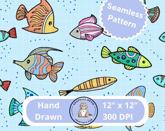 Fish Seamless Pattern, Hand Drawn Design, Repeat Pattern, Sublimation Design