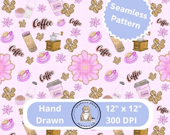 コーヒーファンシームレスパターン、手描きデザイン、繰り返しパターン、昇華デザイン
