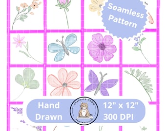 Flowers and Butterfly Hand Drawn Seamless Pattern (Digital Download)