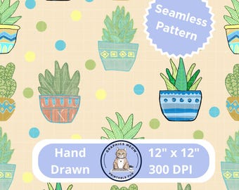 Plants and Dots Seamless Pattern, Hand Drawn Design, Repeat Pattern, Sublimation Design