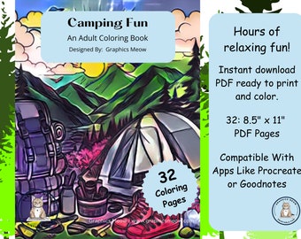 Camping Fun Adult Coloring Book | 32 Pages (PDF Download)