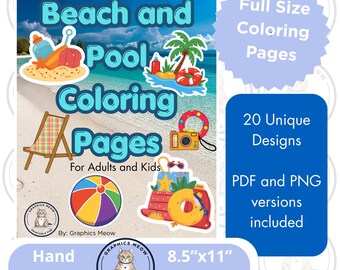 ビーチとプールの塗り絵 - 20ページ | 印刷可能なPDF | デジタルファイル | ストレス解消と集中力アップ | 即時ダウンロード