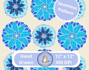 Blue Circles Seamless Pattern, Hand Drawn Design, Repeat Pattern, Sublimation Design