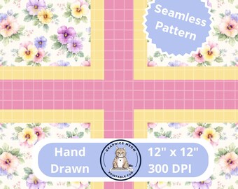 Pansy Squares Seamless Pattern, Hand Drawn Design, Repeat Pattern, Sublimation Design