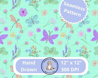 Blue Spring Flowers Seamless Pattern, Hand Drawn Design, Repeat Pattern, Sublimation Design
