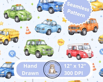 Cars Seamless Pattern, Hand Drawn Design, Repeat Pattern, Sublimation Design