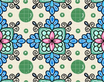 Blue Green Floral 1 Seamless Pattern, Hand Drawn Design, Repeat Pattern, Sublimation Design