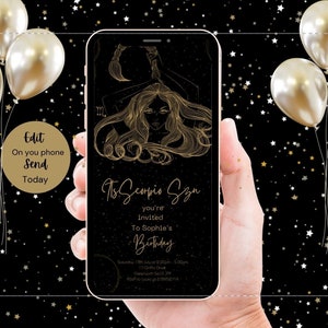 May include: A black and gold digital invitation for a Scorpio birthday party. The invitation features a stylized illustration of a Scorpio zodiac sign with a woman's face. The text on the invitation reads "It's Scorpio Szn you're invited to Sophie's Birthday Saturday 19th July at 2:00pm - 5:00pm 17 Griffin Drive Greenwhich Se10 29 RSVP to 078956714"