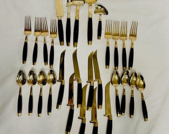 VTG 1960's 29 Pc Brass & Rosewood Handle Thailand Flatware for 8 Plus 5 Pc Serving Set