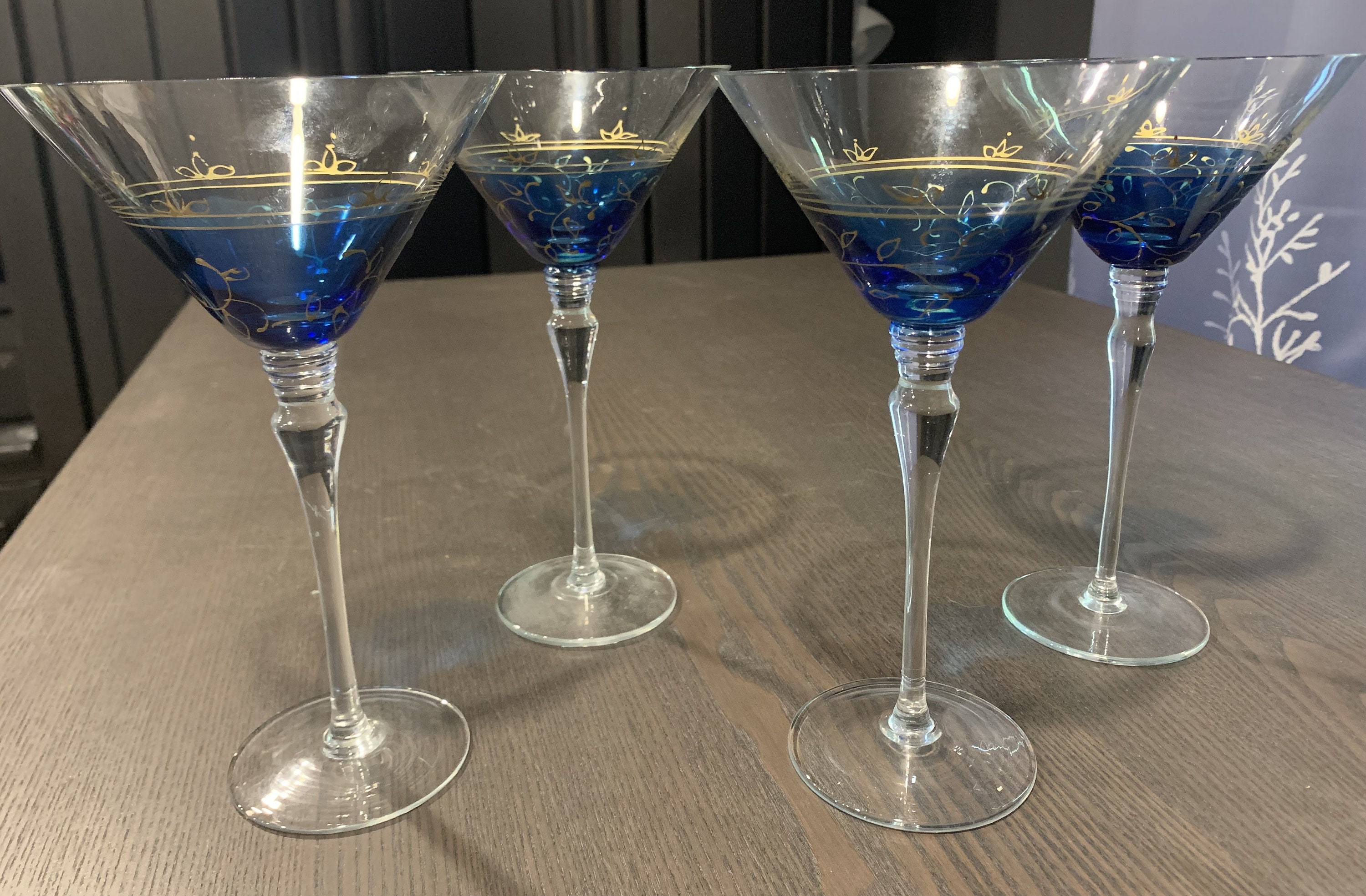 pair Cobalt blue wavy stemmed martini liqueur cocktail glasses