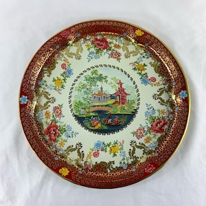 Vintage Daher Decorated Ware Enameled 12.5&quot; Tin Tray - Made in England - Chinoiseire/ Floral / Pagoda