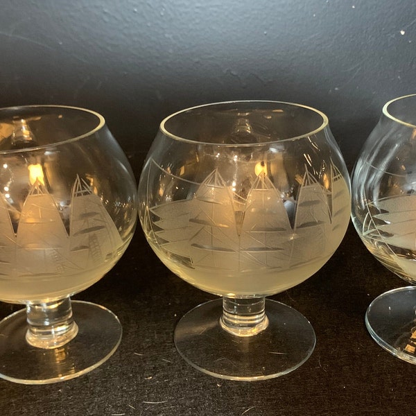 3 Hand blown Toscany Etched Clipper Ship Brandy/Snifter footed glasses Set 3, Vintage 1980s, Nautical Beach Barware, 8 oz