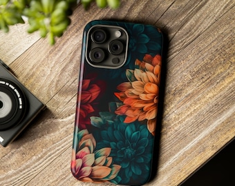 Wunderschöne florale Handyhülle "Dahlien" iPhone 13/14/15 Pro/Max Case Blumen türkis schwarz orange Silikon Eco Hard