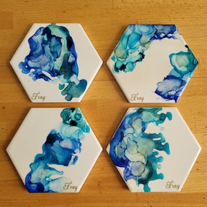 Alcohol Ink Ceramic Coaster Set (Blues and Gold)