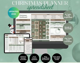 Christmas Planner Spreadsheet | Holiday Organizer, Gift and Budget Tracker, Xmas Calendar, Meal & Event Planning