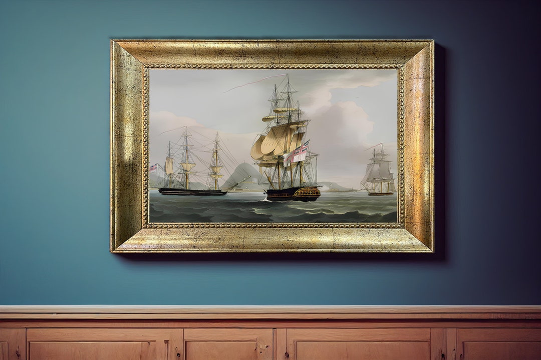 English Old Ship Framed Oil Print Vintage Nautical Vessel Artwork Etsy