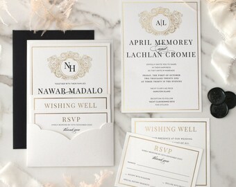 Gold and Black Wedding Invitation with Crest
