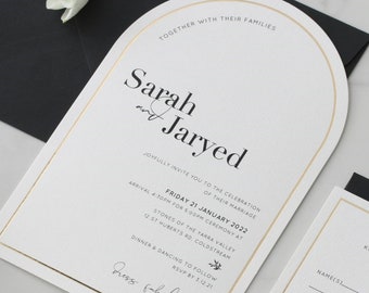 Personalised Ivory Arch Invitations with Gold Border and Custom Black Ink Print for Sara | Deposit