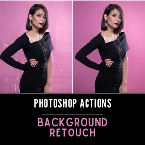 May include: A woman wearing a black off-the-shoulder top with a gold chain necklace and earrings. She is standing in front of a pink background. The image is split into two sections, showing the woman with and without a retouched background.