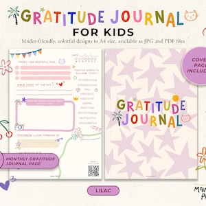 May include: A lilac-colored gratitude journal for kids with a cover featuring a colorful star pattern and the words "Gratitude Journal". The journal includes a monthly gratitude page and a cover page with a cat and a sun.