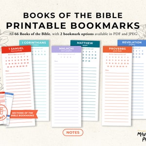 May include: Printable bookmarks for each book of the Bible. The bookmarks are in different colors and have the book name and chapter numbers. The image also includes a bonus section of the Bible bookmarks.