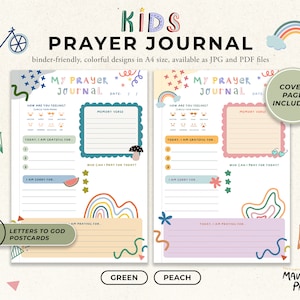 May include: A printable prayer journal for kids with colorful rainbow and star designs. The journal includes sections for gratitude, feelings, and prayer requests. It also includes a bonus set of letters to God postcards.