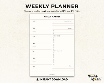 May include: A black and white printable weekly planner with sections for Monday through Sunday, work to-do, personal to-do, and notes. The planner is available in A4 size as a JPG or PDF file.