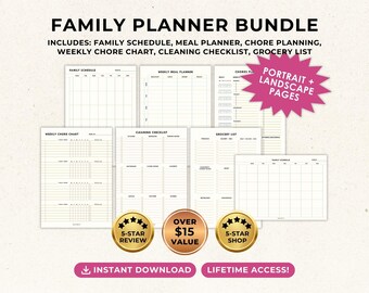 Family Planner Bundle | Chore Chart, Meal Prep, Cleaning (Digital Download)