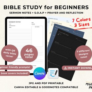 Diario de estudio bíblico para principiantes / Notas de sermones, oración, SOAP (PDF imprimible)