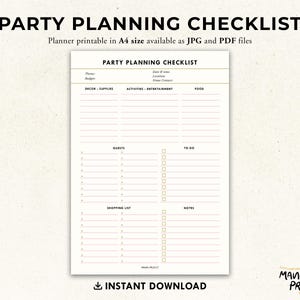 Party Planning Checklist Printable | Event Organizer (JPG, PDF) - Etsy