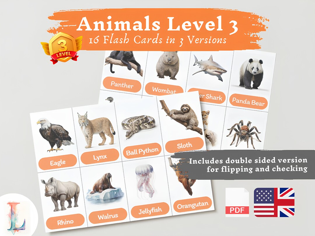 Flash Cards Animals Lvl 3 English | Montessori Toddler Kids Learning ...