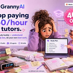 May include: A digital advertisement for GrannyAI featuring a stressed student at a desk with textbooks, a laptop displaying a study plan, and a cartoon grandmother character. Text includes Stop paying $50/hour for tutors and 40% OFF.