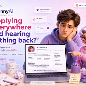 Op de afbeelding: Een digitale afbeelding met de tekst GrannyAI, Applying everywhere and hearing nothing back?, en een laptop met een cv voor Alex Martin. Een stripfiguur met paars haar en een bril wijst naar het scherm terwijl een persoon toekijkt.